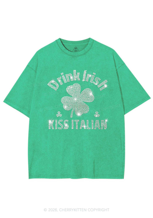Rhinestone Drink Irish Kiss Italian St Patricks Y2K Shirts Washed Tee Cherrykitten