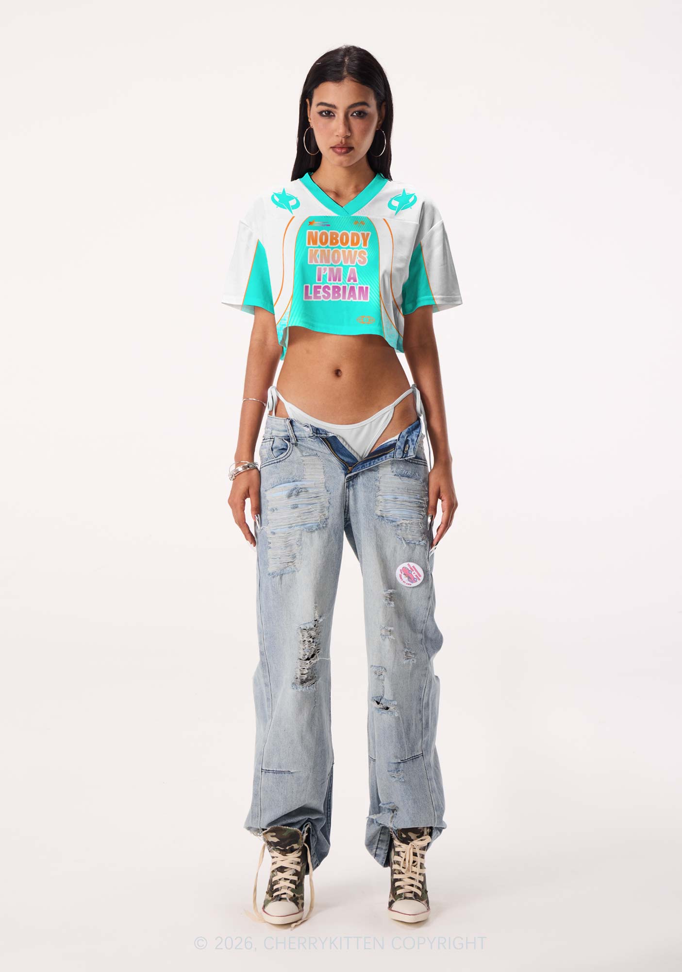Nobody Knows Im Lesbian Pride Y2K Crop Sport Jersey Shirts Cherrykitten