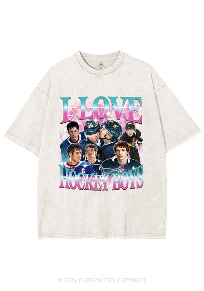Pink Blue Gradient I Love Hockey Boys HR Y2K Shirts Washed Tee Cherrykitten