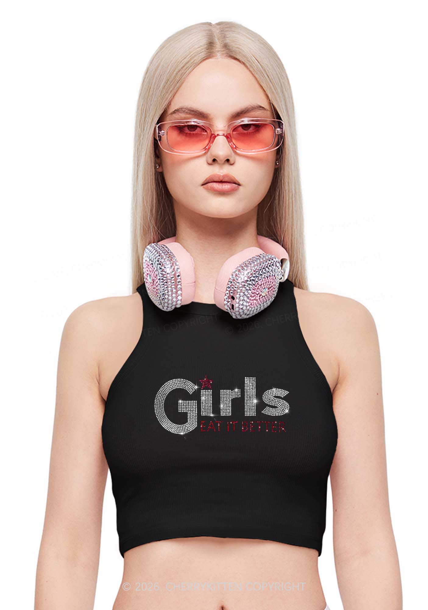 Rhinestone Girls Eat It Better Pride Y2K Crop Tank Top Cherrykitten