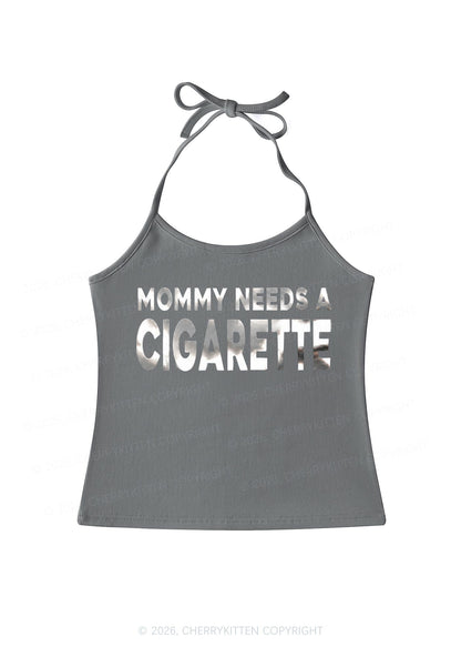 Mommy Needs A Cigarette Silver Foil Printed Y2K Halter Neck Cami Cherrykitten
