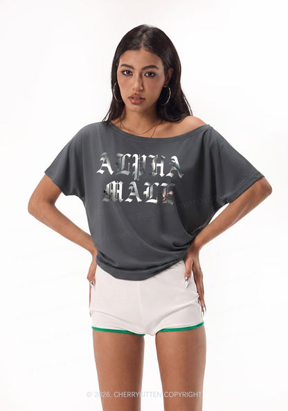 Alpha Male Silver Foil Printed Y2K Off Shoulder Tee Cherrykitten