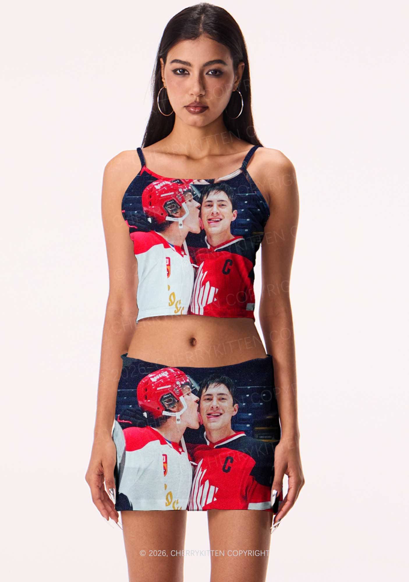 Red Kissing HR Y2K Print Mini Skirt Cherrykitten