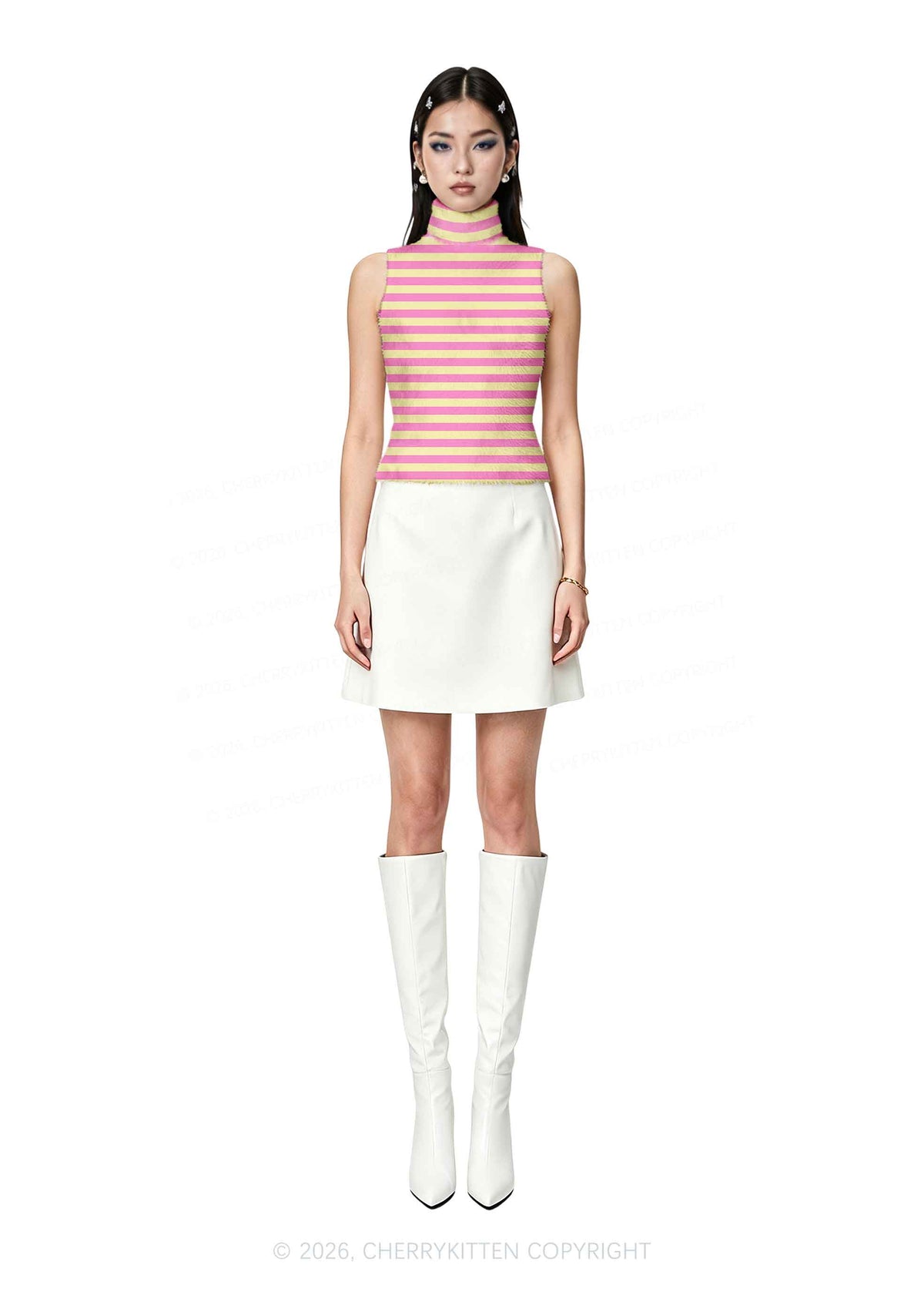 Pink Yellow Stripes Y2K Knit Turtleneck Tank Top Cherrykitten