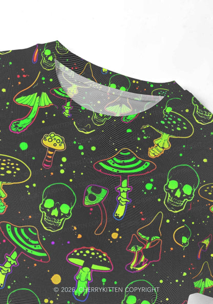 Neon Skull Mushroom Y2K Mesh Crop Top Cherrykitten