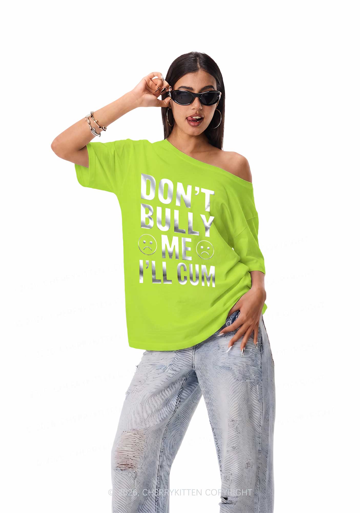 Dont Bully Me Silver Foil Printed Y2K Off Shoulder Tee Cherrykitten