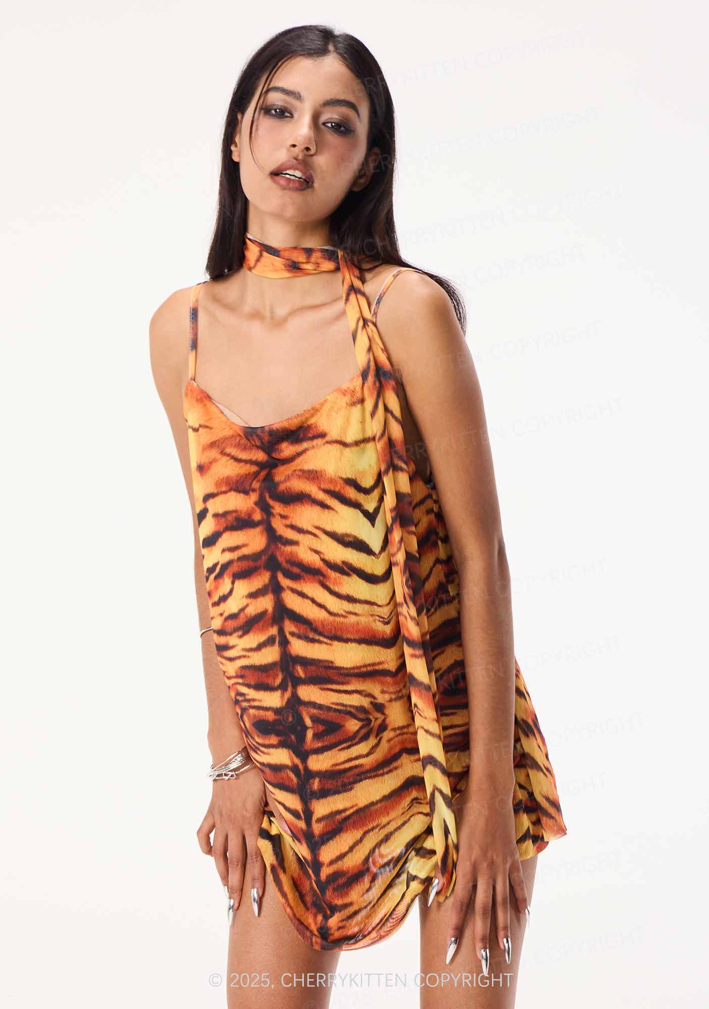 Wild Tiger Texture Y2K Mesh Slip Dress With Scarf Set Cherrykitten