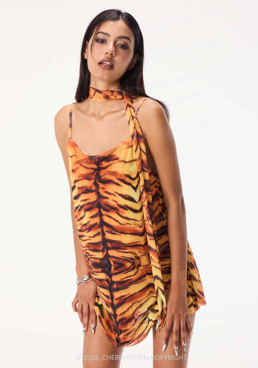 Wild Tiger Texture Y2K Mesh Slip Dress With Scarf Set Cherrykitten