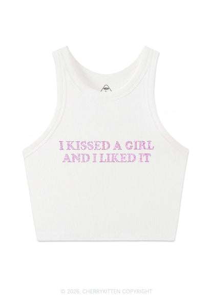 Rhinestone I Kissed A Girl Pride Y2K Crop Tank Top Cherrykitten