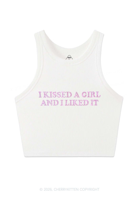 Rhinestone I Kissed A Girl Pride Y2K Crop Tank Top Cherrykitten