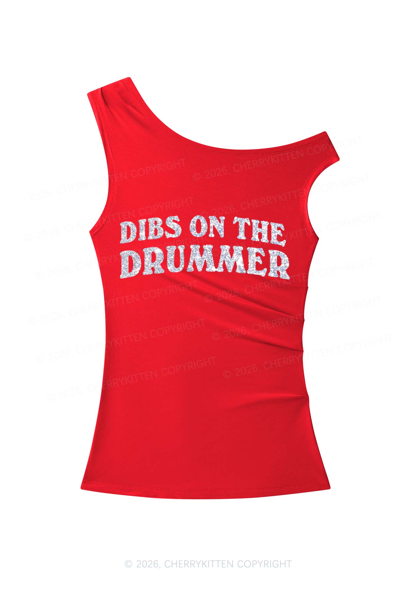 Glitter Dibs On The Drummer Y2K Off Shoulder Tank Top Cherrykitten