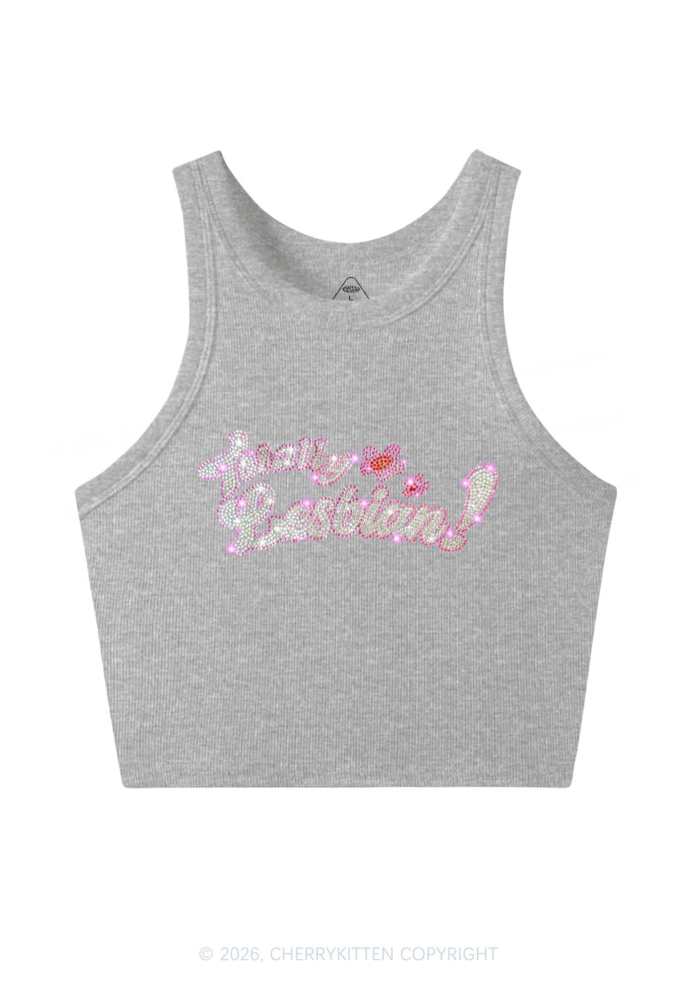 Rhinestone Totally Lesbian Pride Y2K Crop Tank Top Cherrykitten