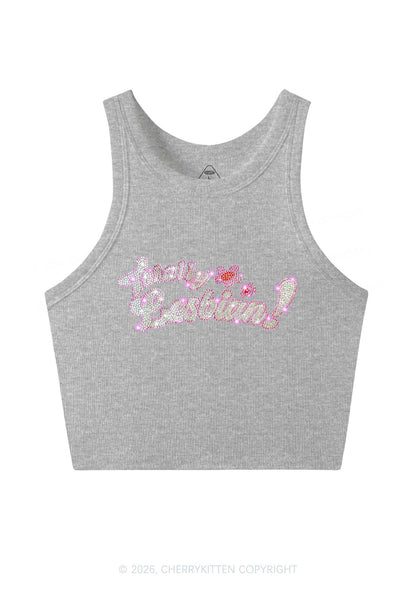 Rhinestone Totally Lesbian Pride Y2K Crop Tank Top Cherrykitten