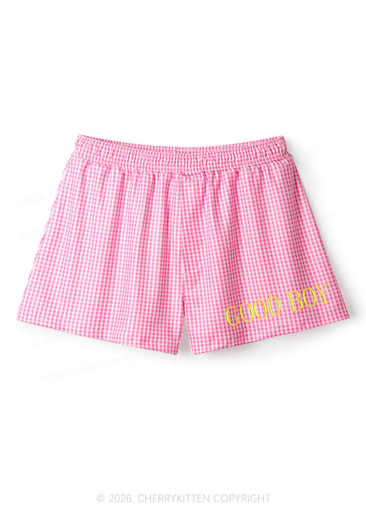 Embroidered Good Boy Y2K Pink Gingham Boxer Men Shorts Cherrykitten