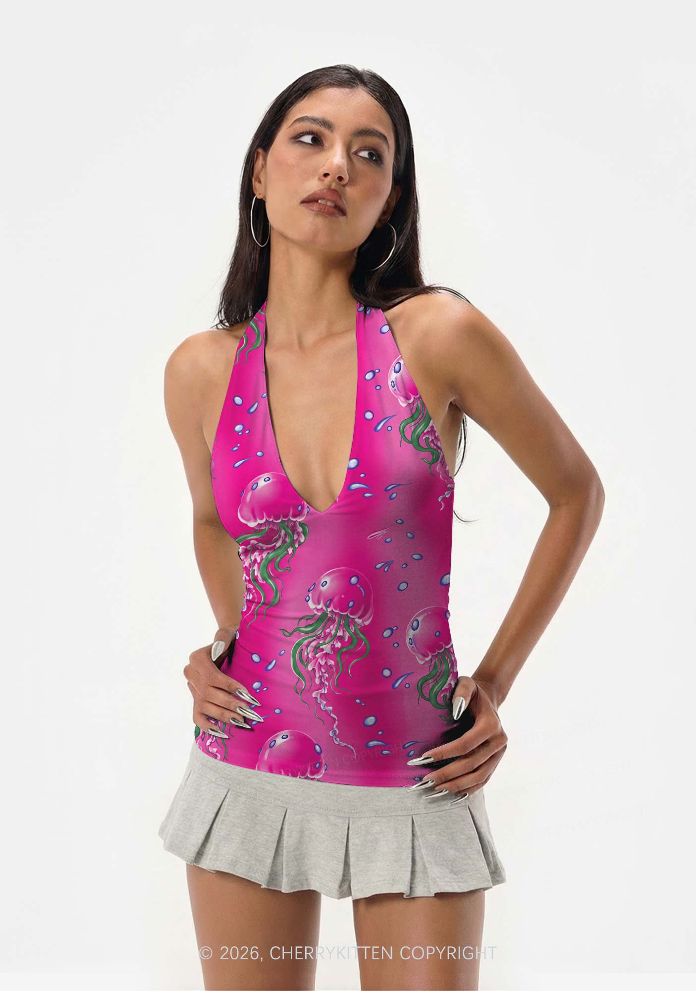 Hot Pink Jellyfish Bubble Y2K Print Halter Deep V Neck Cami Cherrykitten