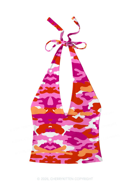 Lesbian Camouflage Pride Y2K Print Halter Deep V Neck Cami Cherrykitten