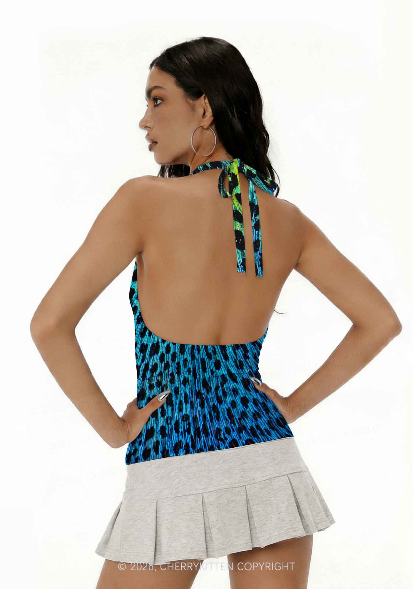 Peacock Feather Texture Y2K Print Halter Deep V Neck Cami Cherrykitten
