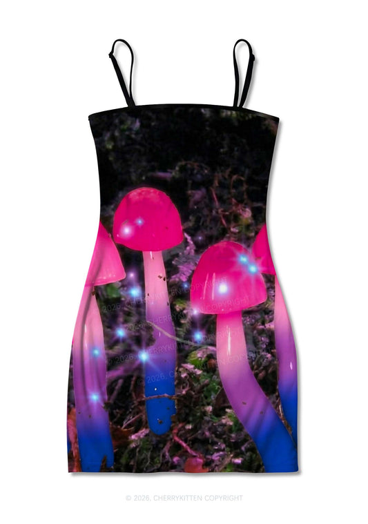 Bisexual Glowing Mushroom Pride Y2K Print Slip Dress Cherrykitten