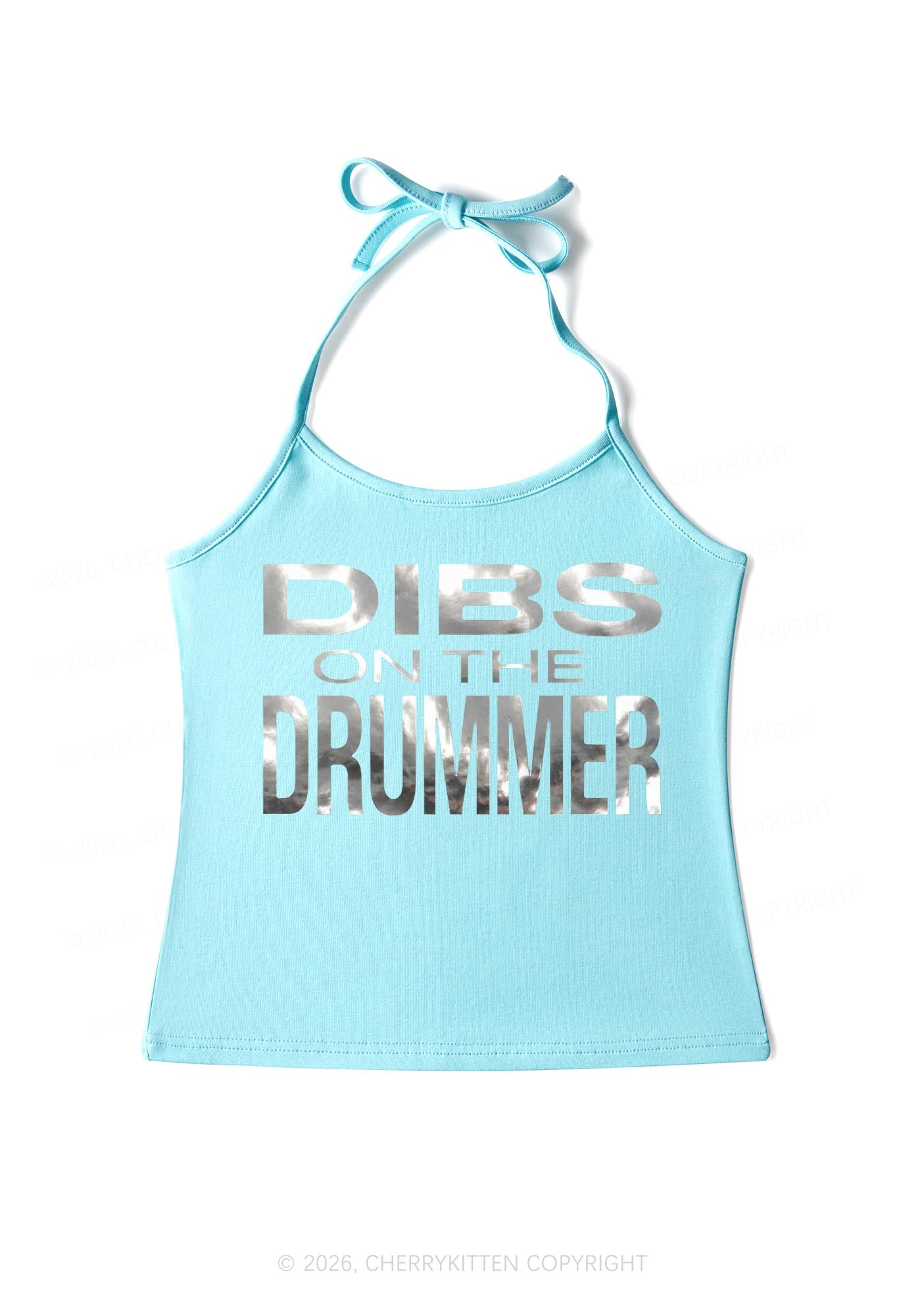 Dibs On The Drummer Silver Foil Printed Y2K Halter Neck Cami Cherrykitten