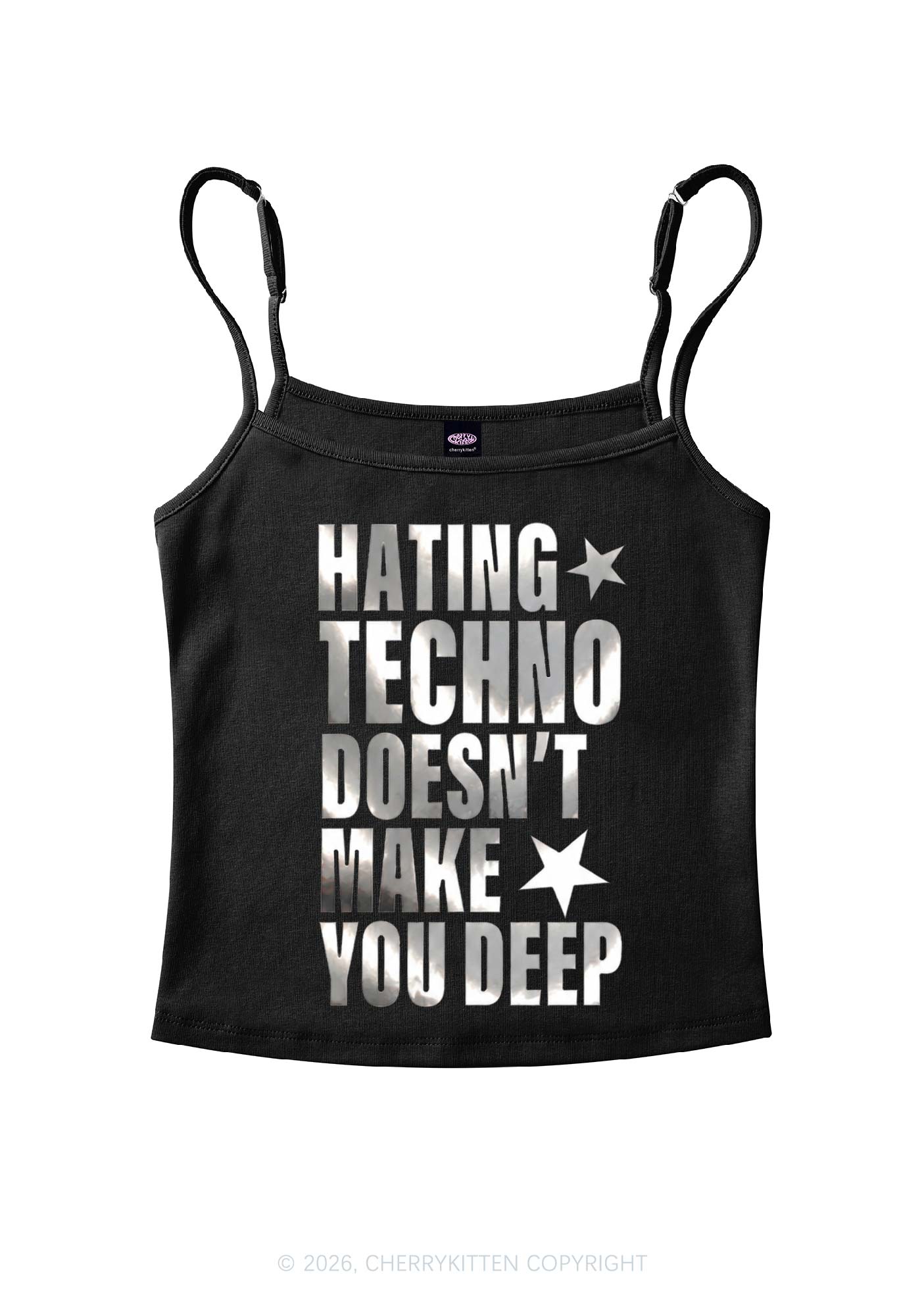 Hating Techno Silver Foil Printed Y2K Spaghetti Strap Cami Cherrykitten