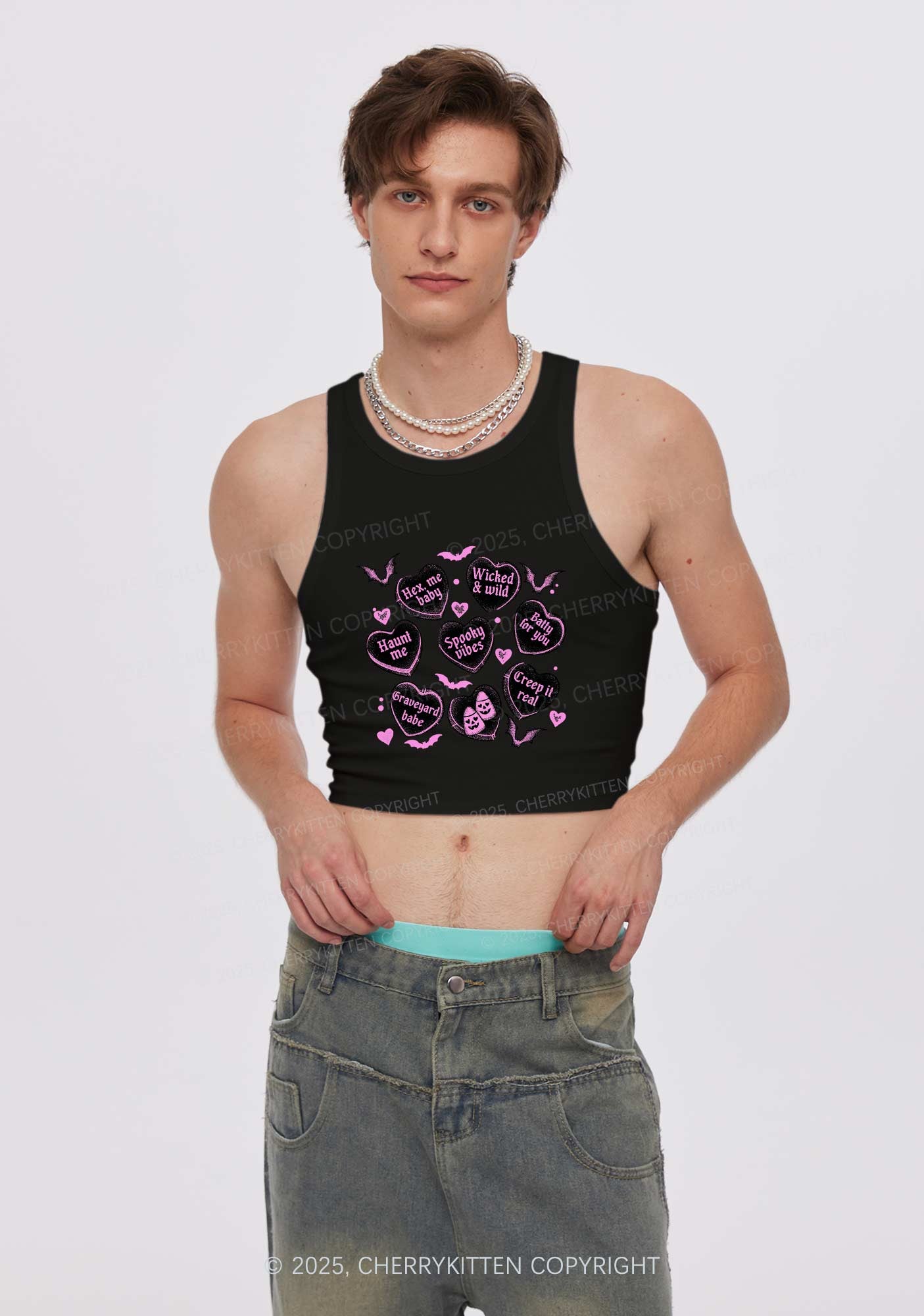 Spooky Candy Heart Valentine's Day Y2K Crop Tank Top Cherrykitten