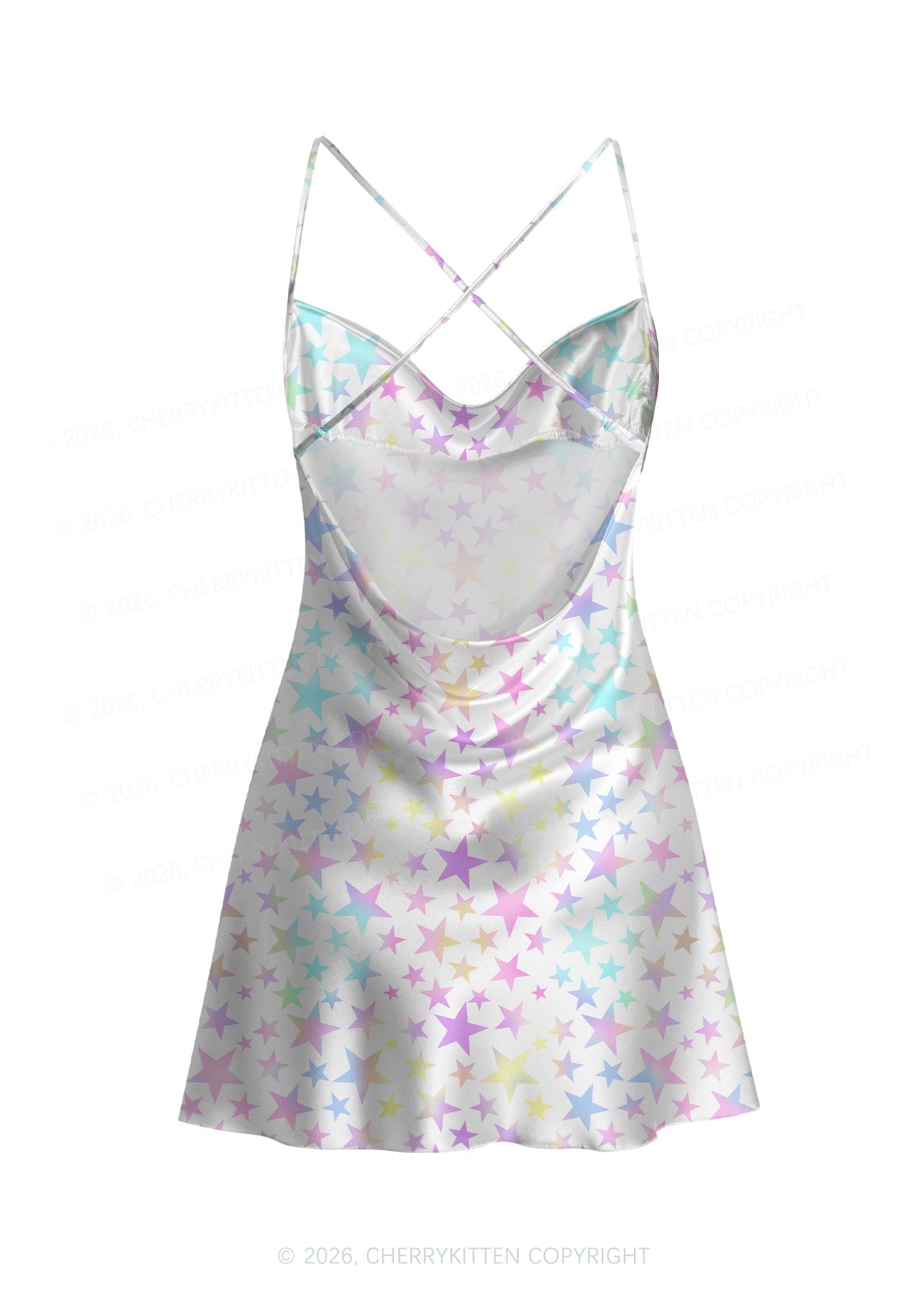 Rainbow Star On White Y2K Print Satin Cowl Neck Slip Dress Cherrykitten