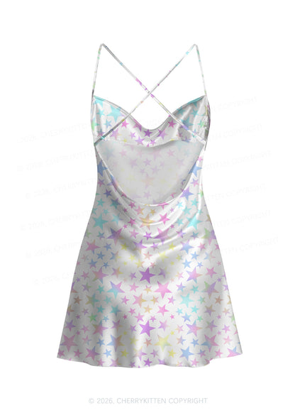 Rainbow Star On White Y2K Print Satin Cowl Neck Slip Dress Cherrykitten