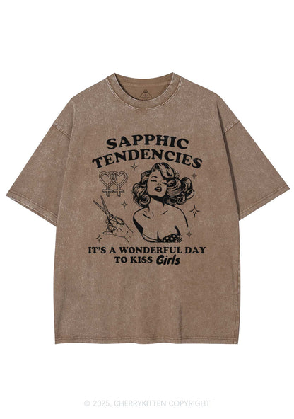 Sapphic Tendencies Kiss Girls Y2K Shirts Washed Tee Cherrykitten