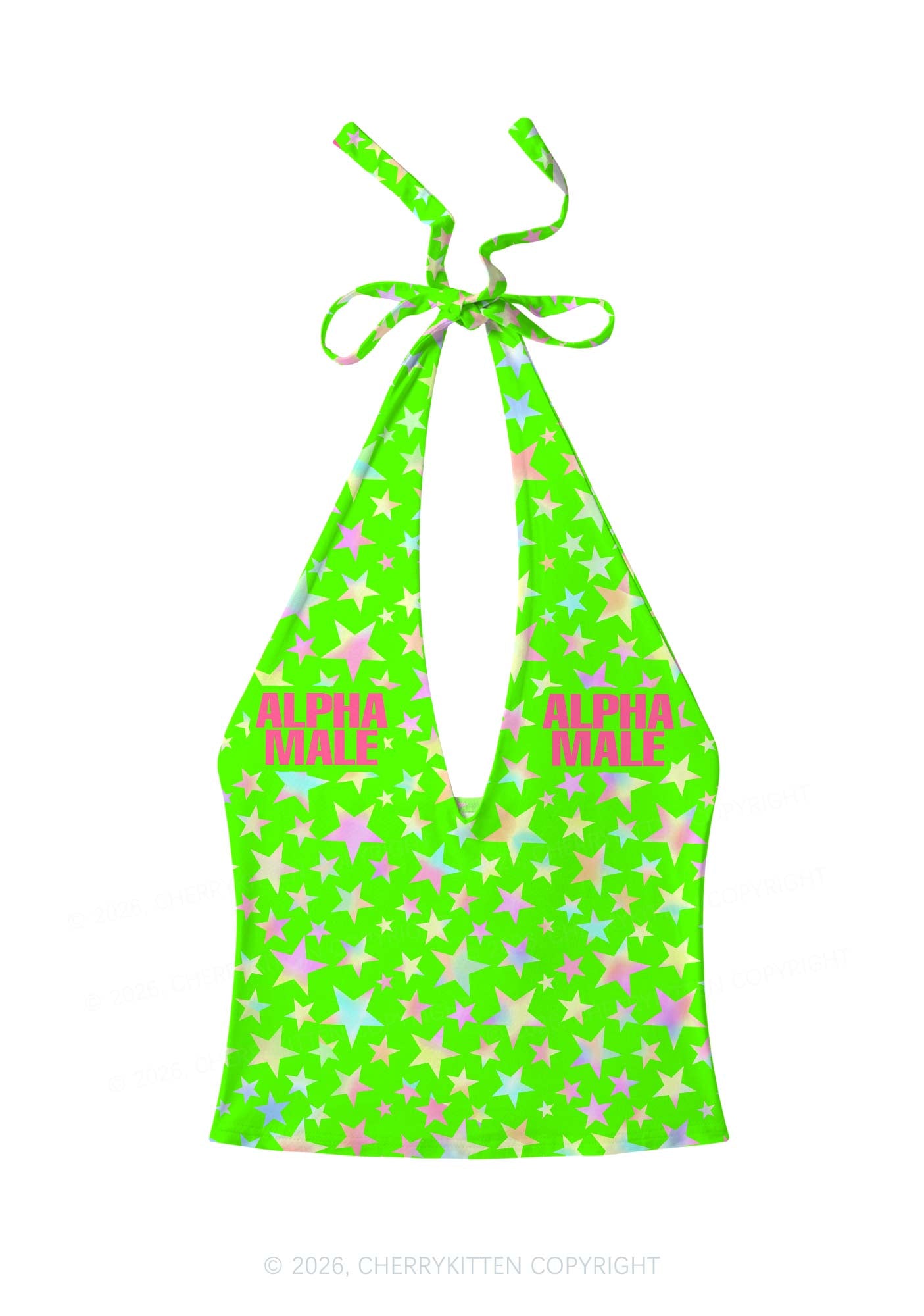 Green Alpha Male Y2K Print Halter Deep V Neck Cami Cherrykitten
