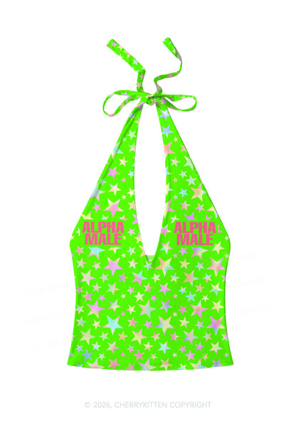 Green Alpha Male Y2K Print Halter Deep V Neck Cami Cherrykitten