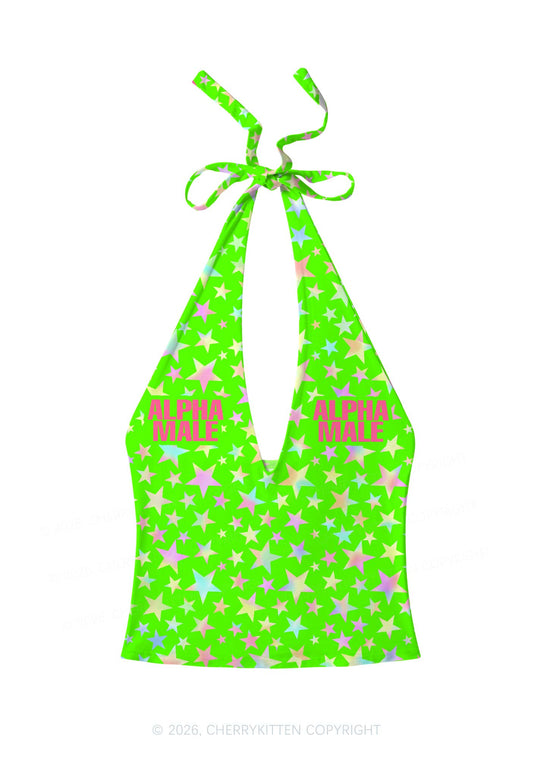 Green Alpha Male Y2K Print Halter Deep V Neck Cami Cherrykitten