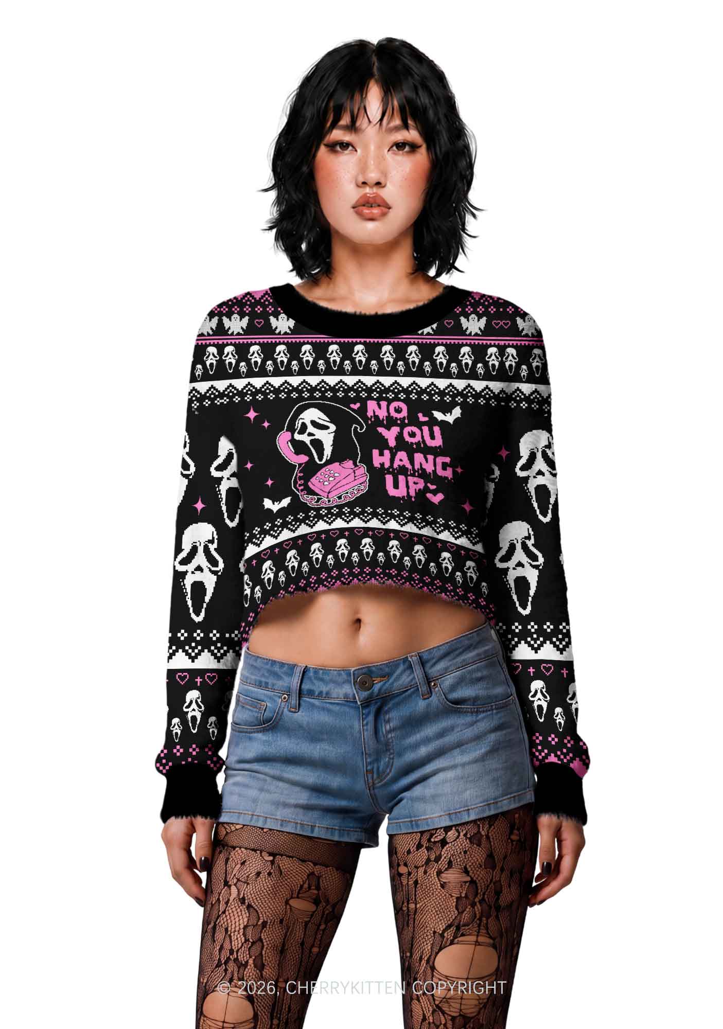 Halloween No You Hang Up Y2K Christmas Crop Knit Sweatshirt Cherrykitten