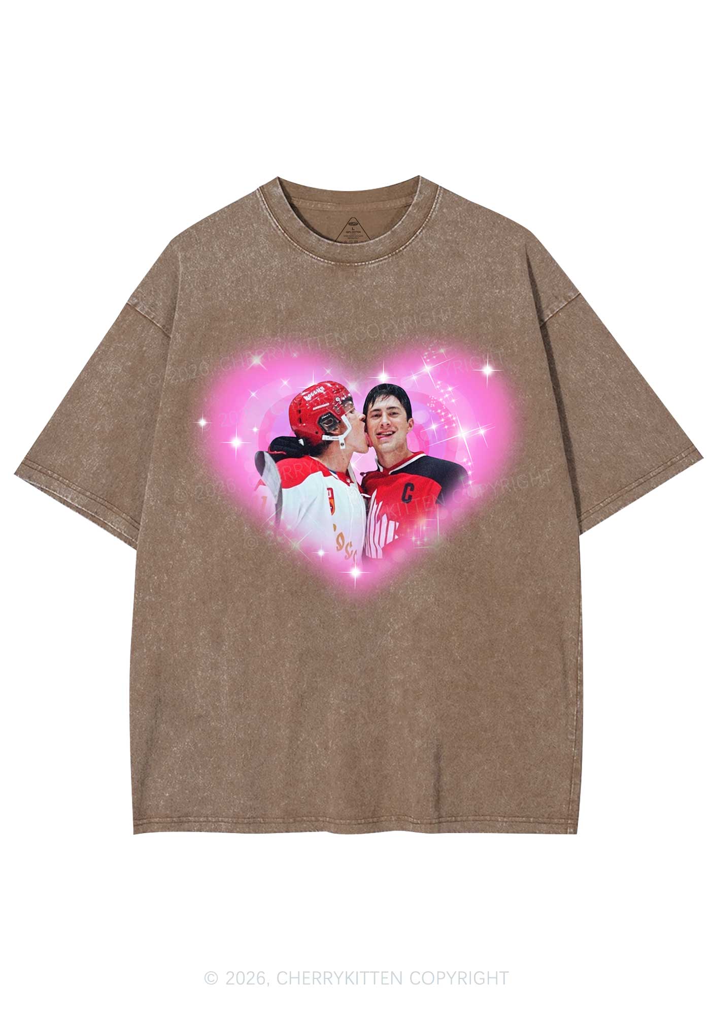 Sparkle Pink Heart Kissing Y2K Shirts Washed Tee Cherrykitten