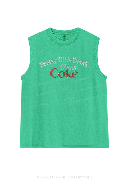Rhinestone Pretty Girls Drink Diet Coke Y2K Washed Muscle Tank Cherrykitten