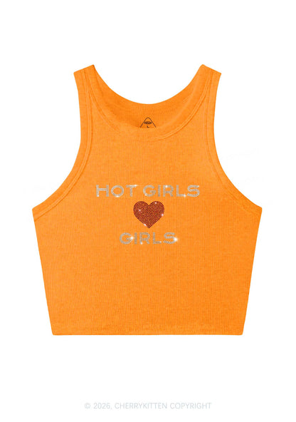 Rhinestone Hot Girls Love Girls Pride Y2K Crop Tank Top Cherrykitten
