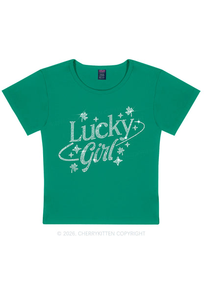 Rhinestone Lucky Girl St Patricks Y2K Baby Tee Cherrykitten