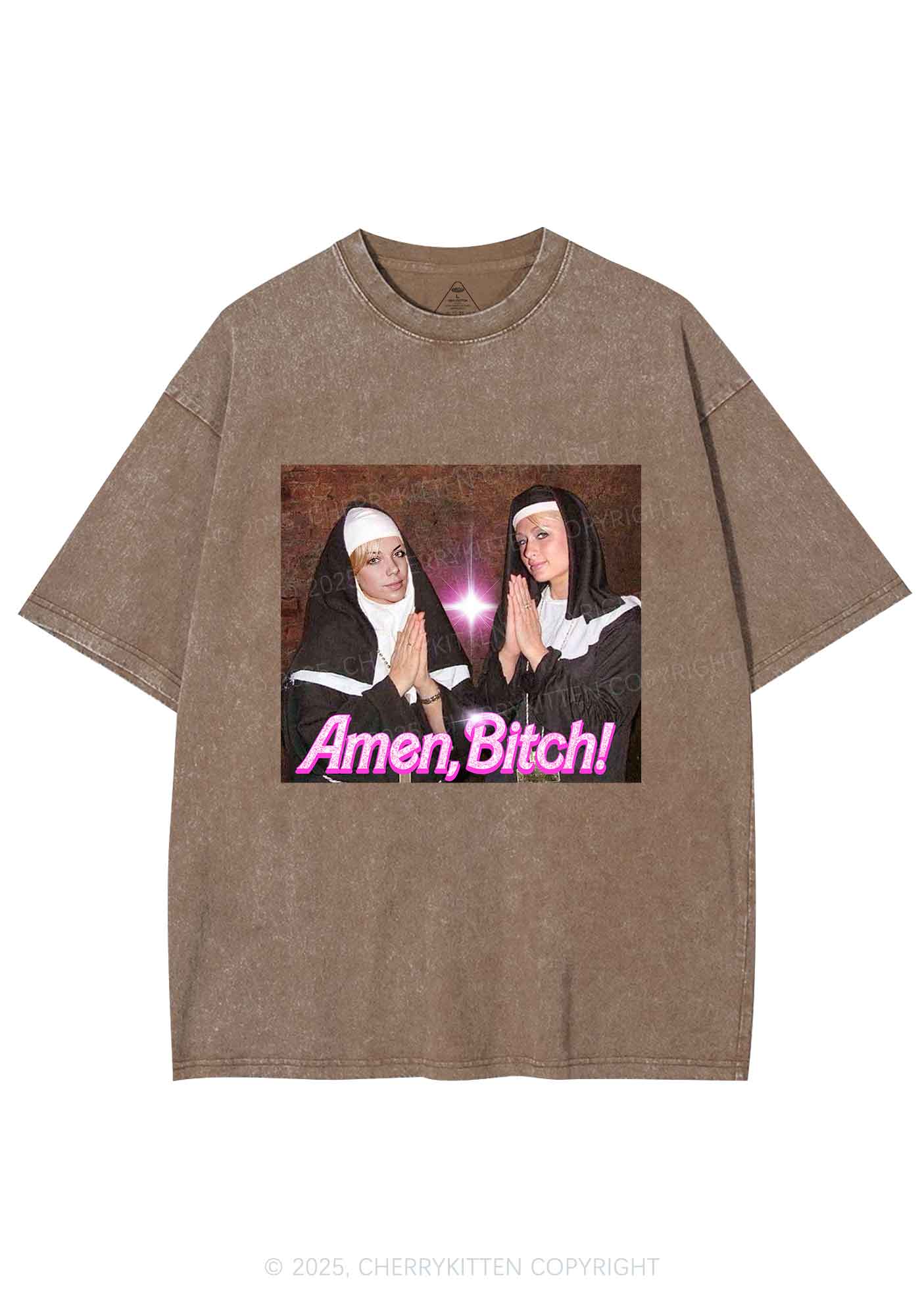 Custom Amen Bxtch Y2K Shirts Washed Tee Cherrykitten