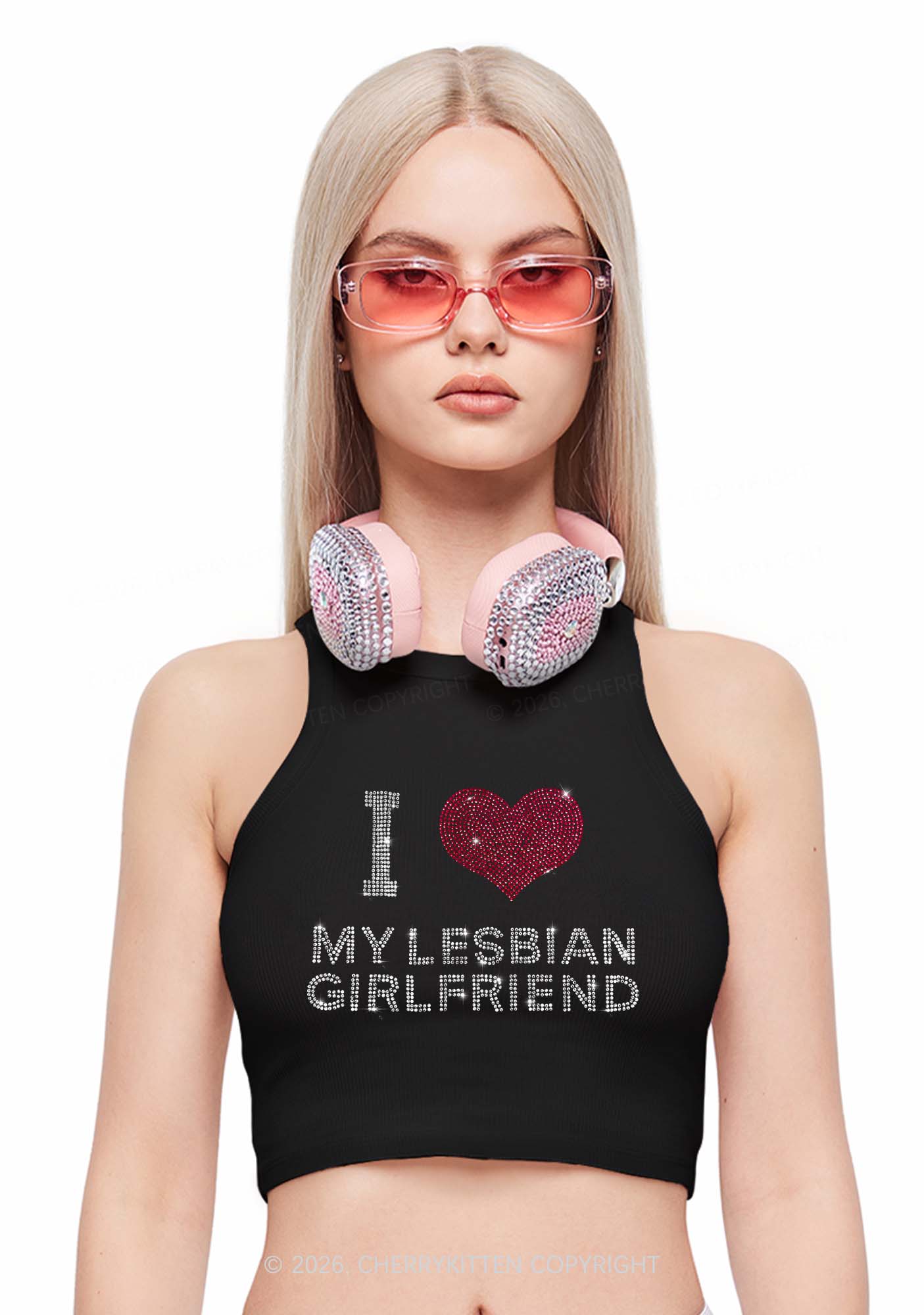 Rhinestone I Love My Lesbian GF Pride Y2K Crop Tank Top Cherrykitten