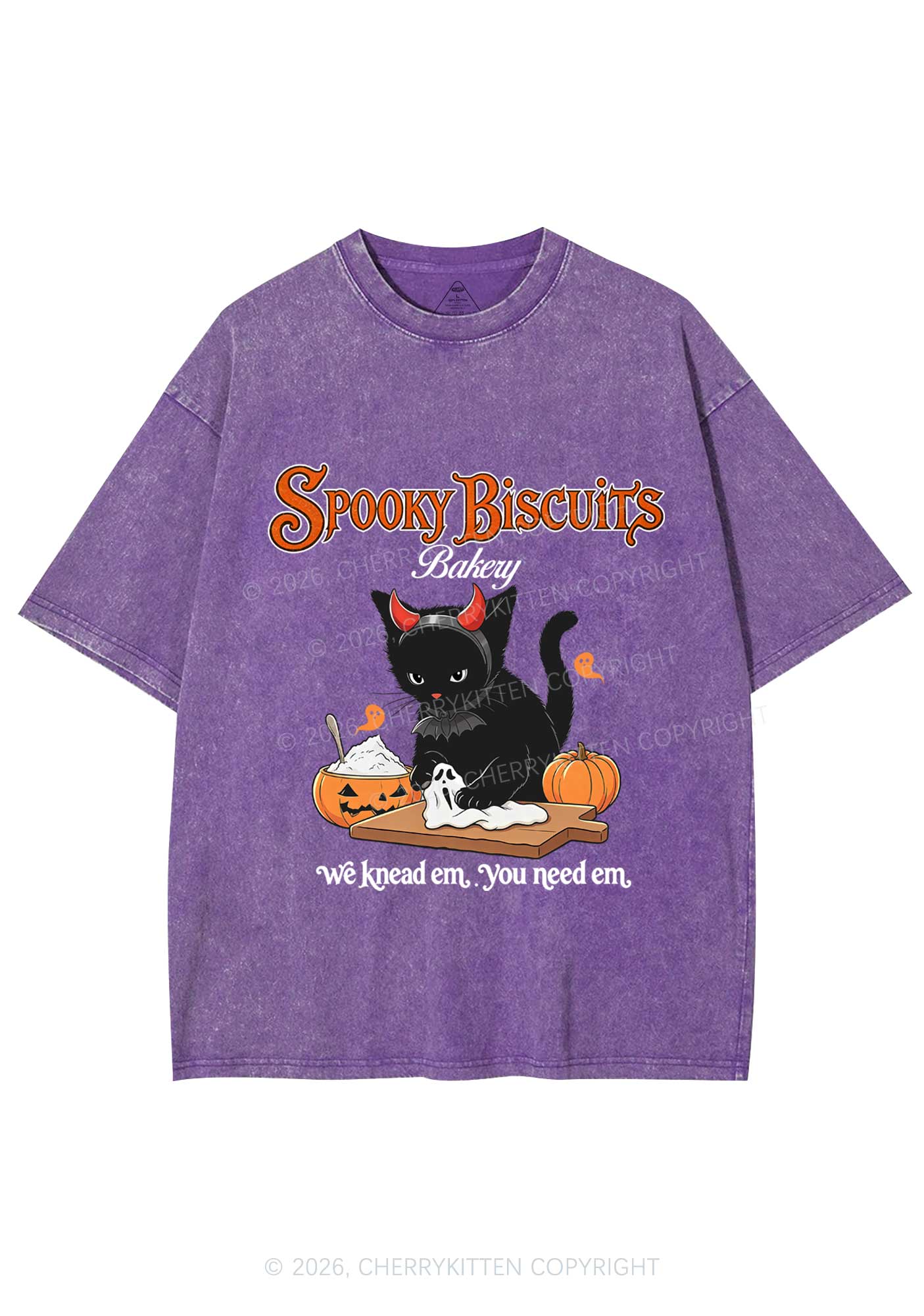 Halloween Black Cat Spooky Biscuits Y2K Shirts Washed Tee Cherrykitten