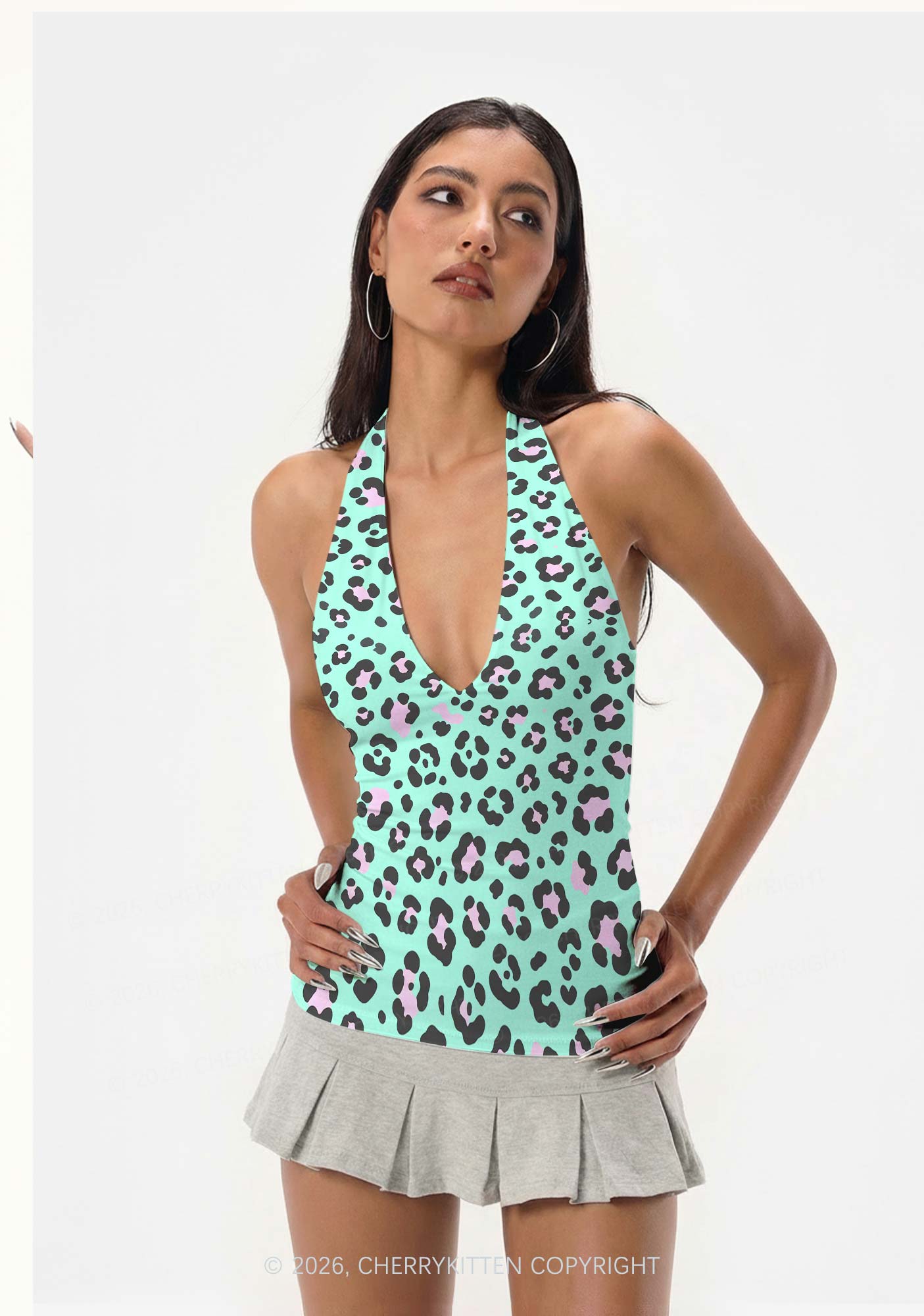 Mint Green Leopard Y2K Print Halter Deep V Neck Cami Cherrykitten