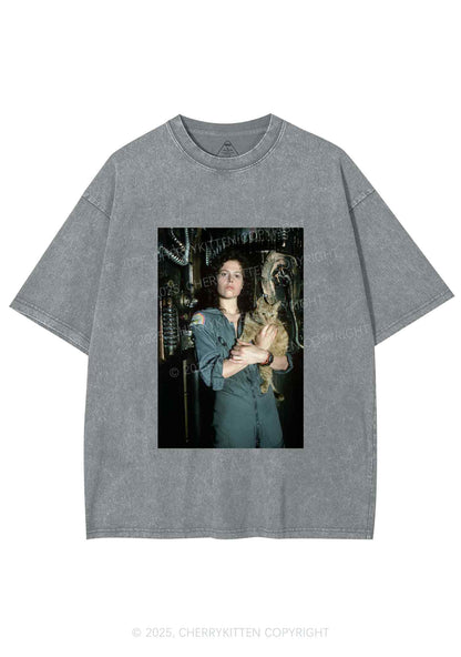 Halloween Space Lady Cat Y2K Shirts Washed Tee Cherrykitten