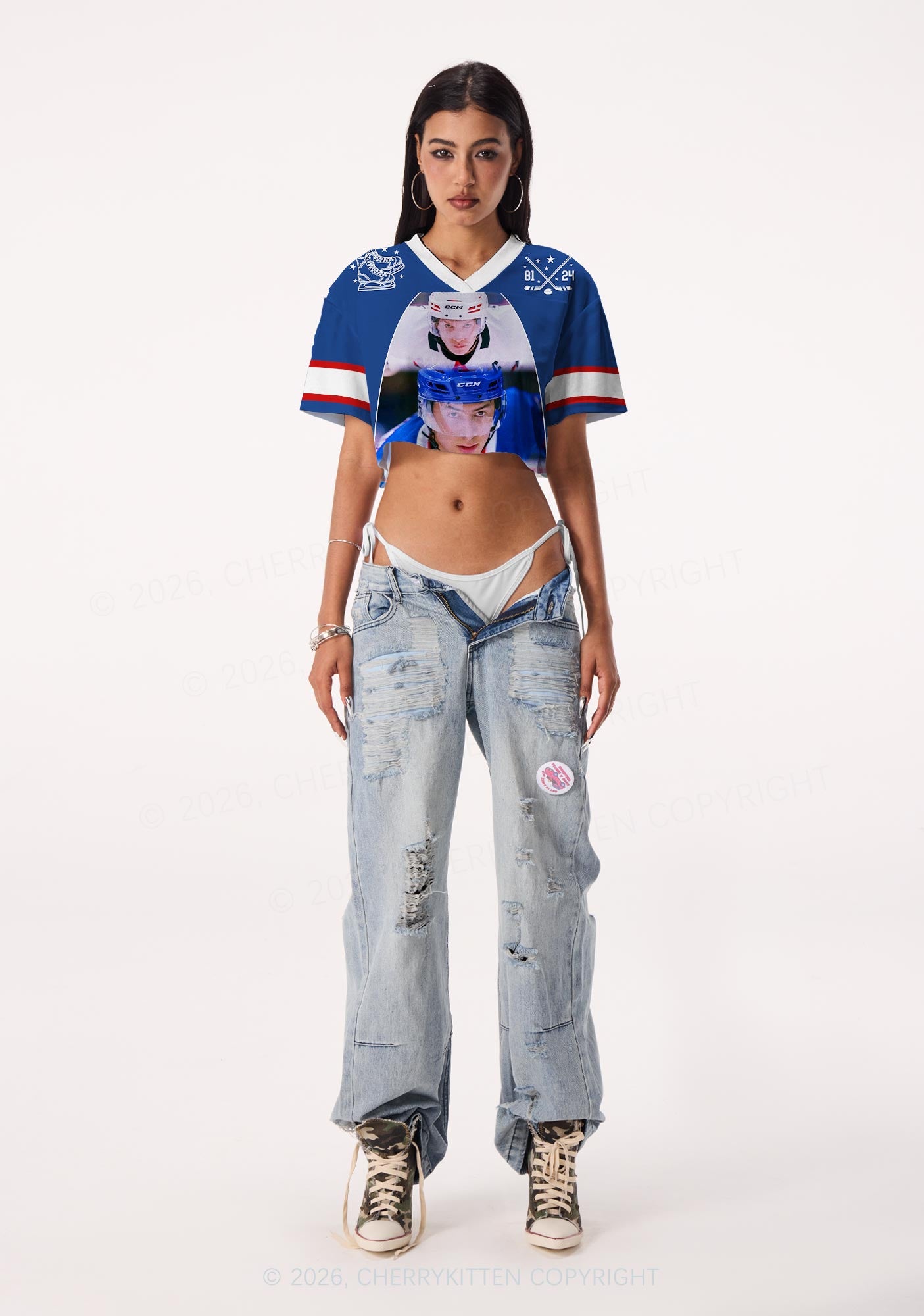 Blue Hockey Match HR Y2K Crop Sport Jersey Shirts Cherrykitten