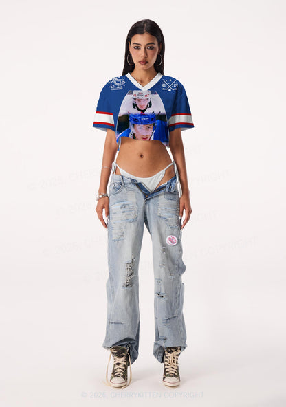 Blue Hockey Match HR Y2K Crop Sport Jersey Shirts Cherrykitten