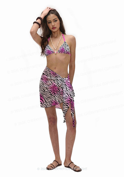 Gradient Pink Zebra Stripe Y2K Print Bikini Set Cherrykitten