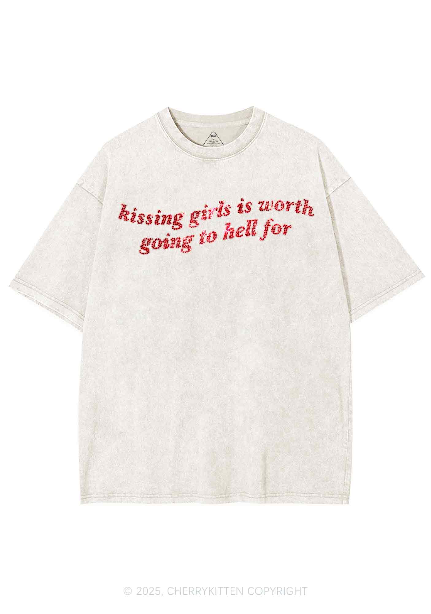 Rhinestone Kissing Girls is Worth Pride Y2K Shirts Washed Tee Cherrykitten