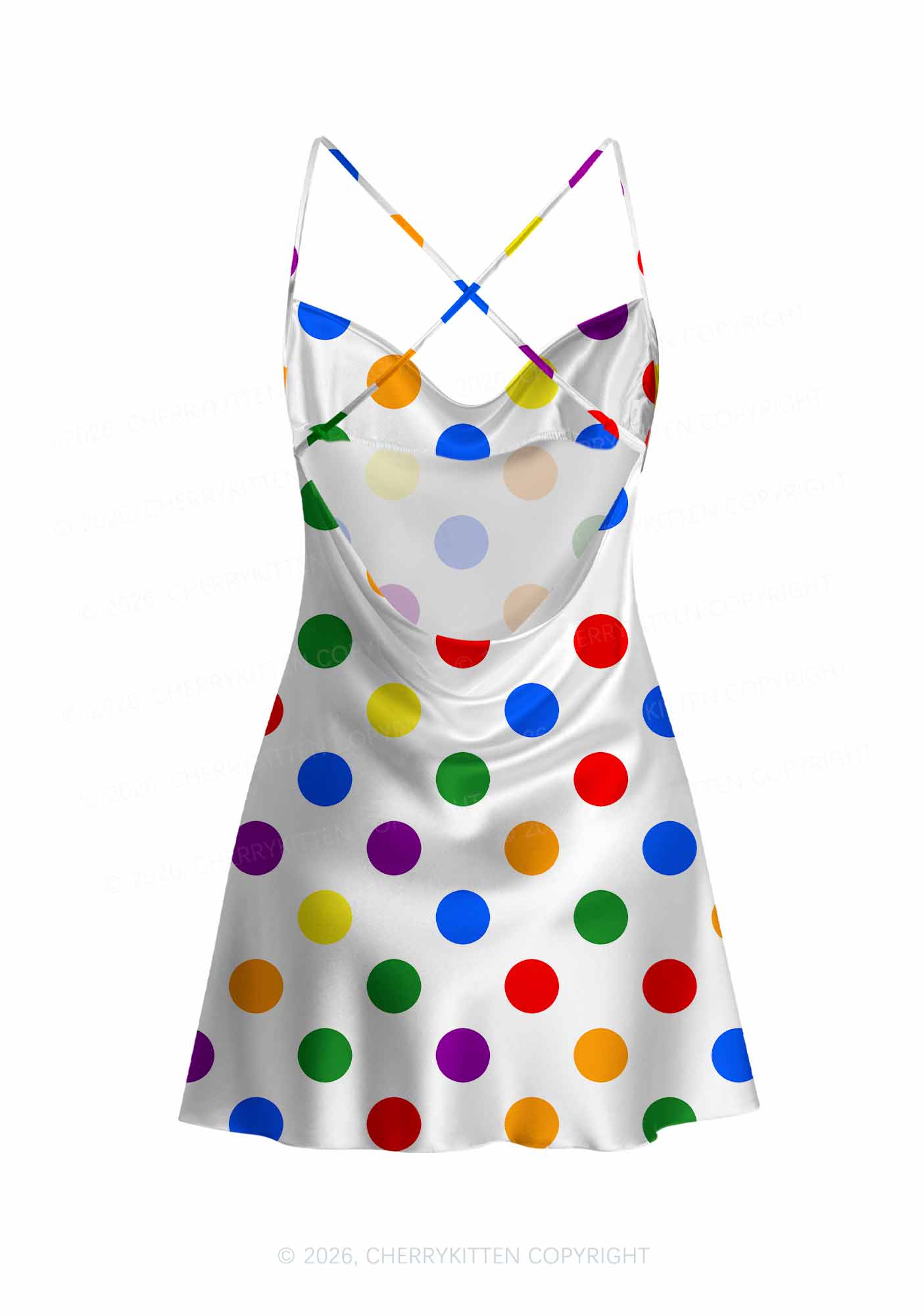 Rainbow Dots On White Pride Y2K Print Satin Cowl Neck Slip Dress Cherrykitten