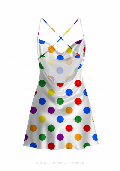 Rainbow Dots On White Pride Y2K Print Satin Cowl Neck Slip Dress Cherrykitten