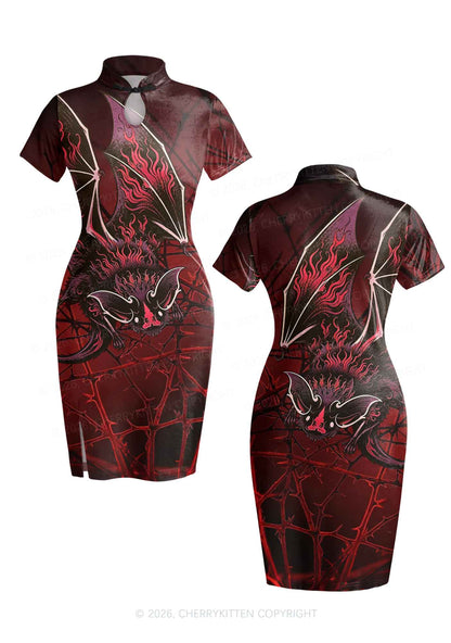 Halloween Flaming Bat Thorn Web Y2K Cheongsam Mini Dress Cherrykitten
