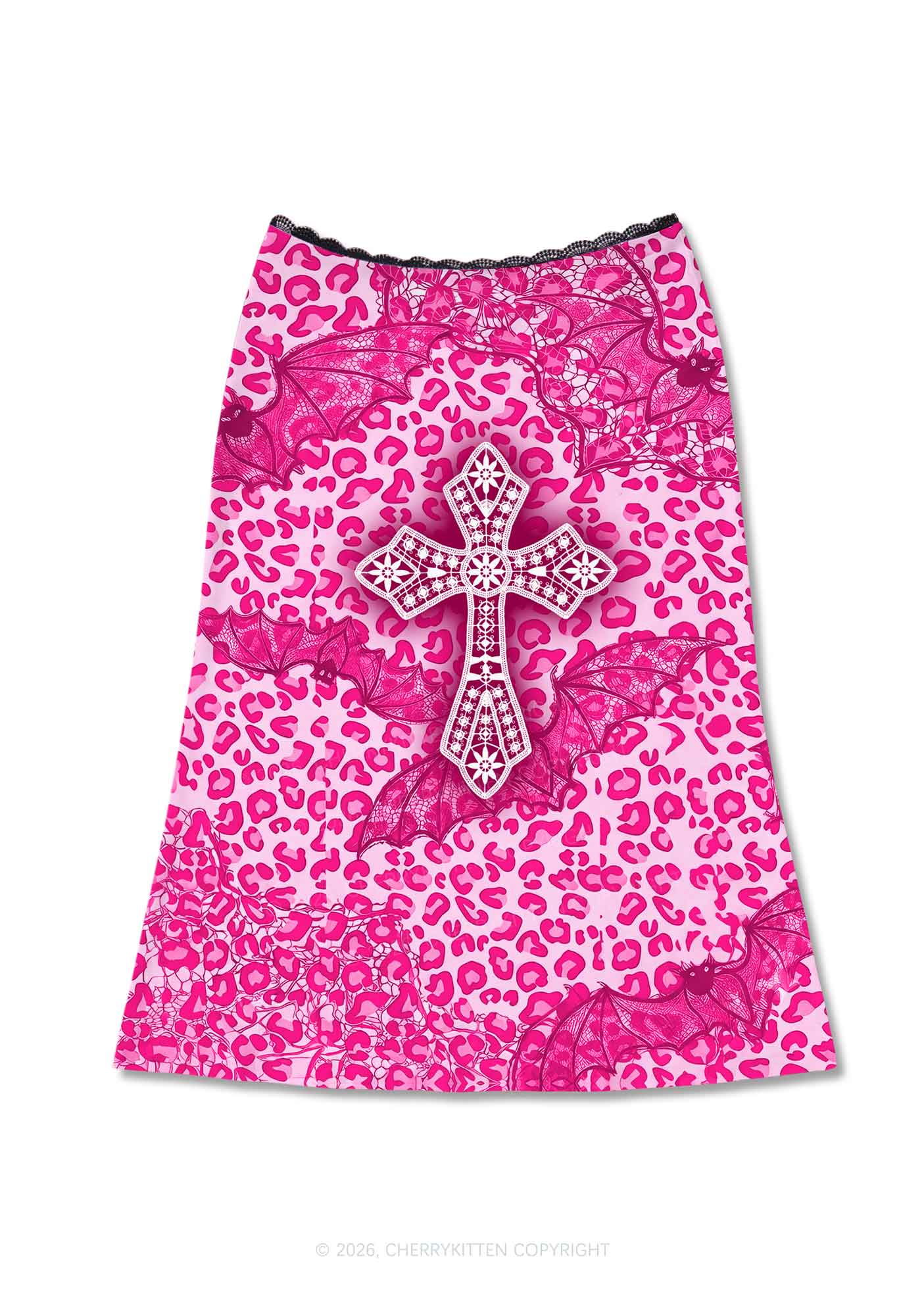 Halloween Pink Leopard Bat Cross Y2K Print Midi Skirt Cherrykitten