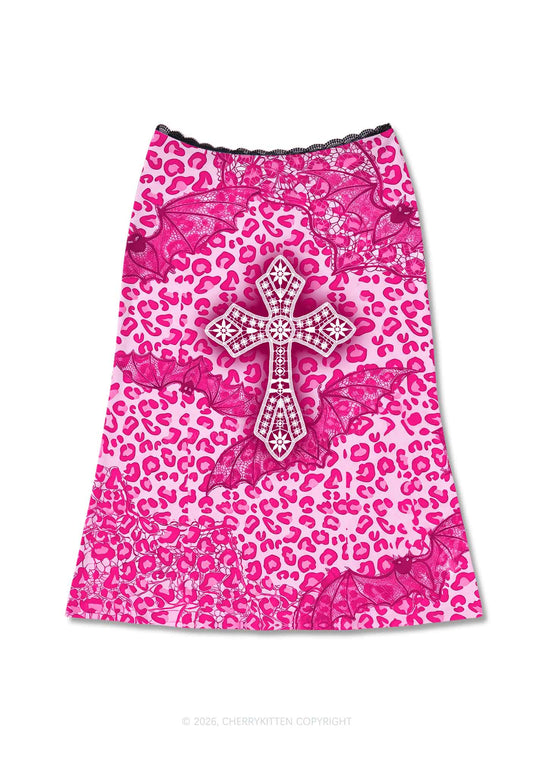 Halloween Pink Leopard Bat Cross Y2K Print Midi Skirt Cherrykitten